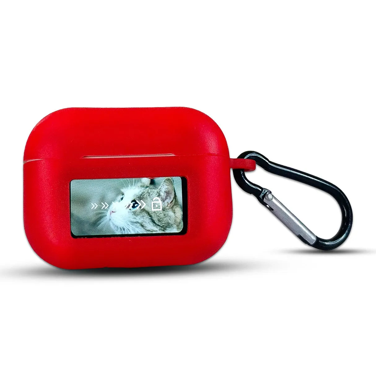 Red silicone case with A-99 earbuds a screen displaying a cat's face and a carabiner on a white background