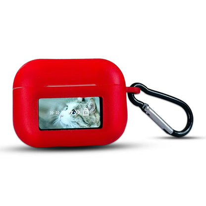 Red silicone case with A-99 earbuds a screen displaying a cat's face and a carabiner on a white background