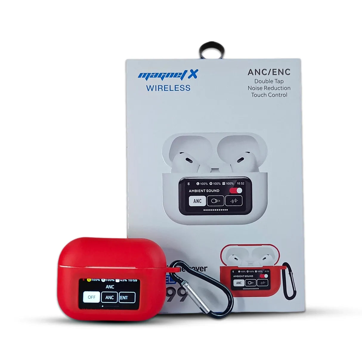 Red silicone case on A-99wireless earbuds with a white box featuring 'magnet X' branding on a white background.