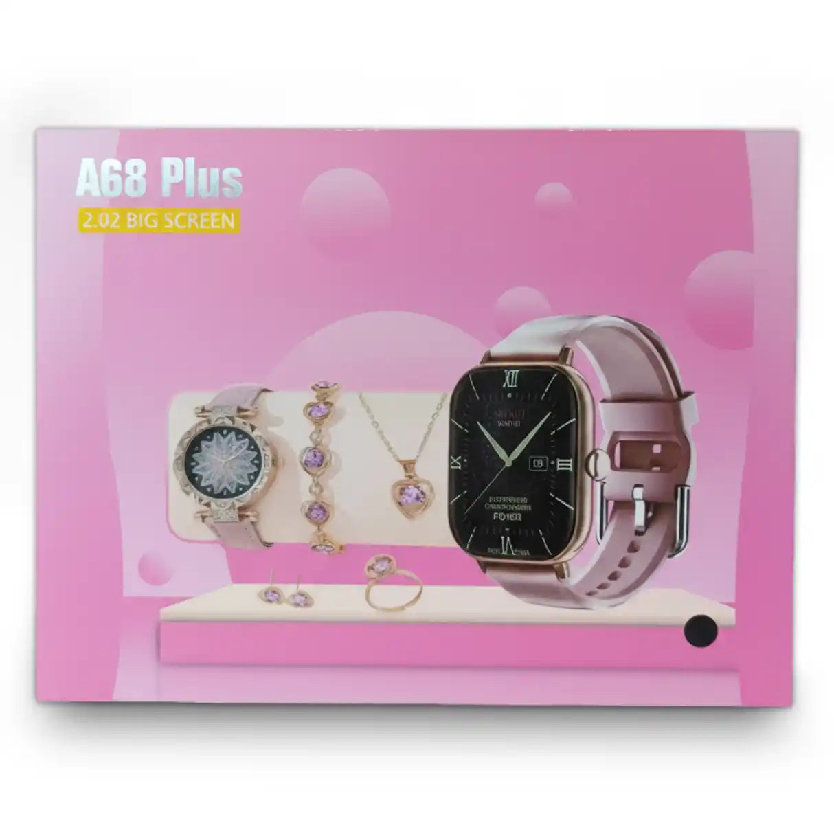 A68 plus Smartwatch packaging with pink background and product display