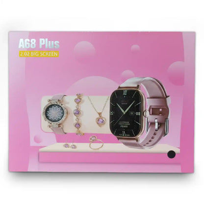 A68 plus Smartwatch packaging with pink background and product display