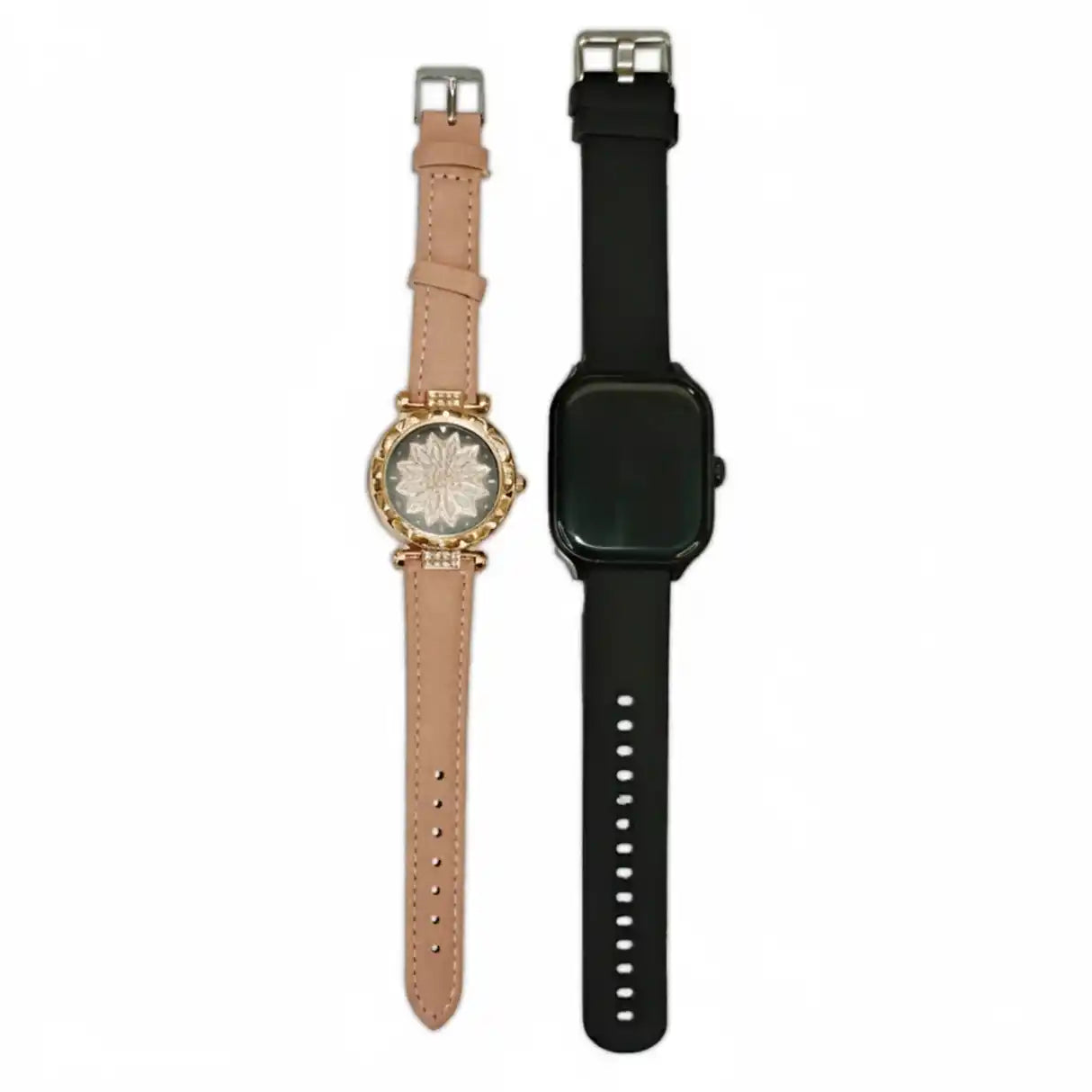 Two watches with different band colors on a white background