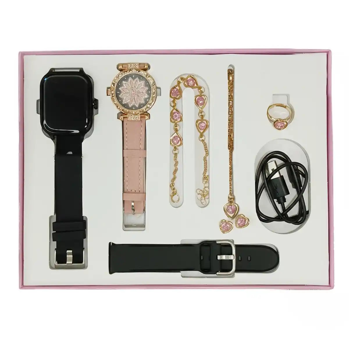 Collection of jewelry and accessories including a watch, necklace, ring, and USB cable in a box.