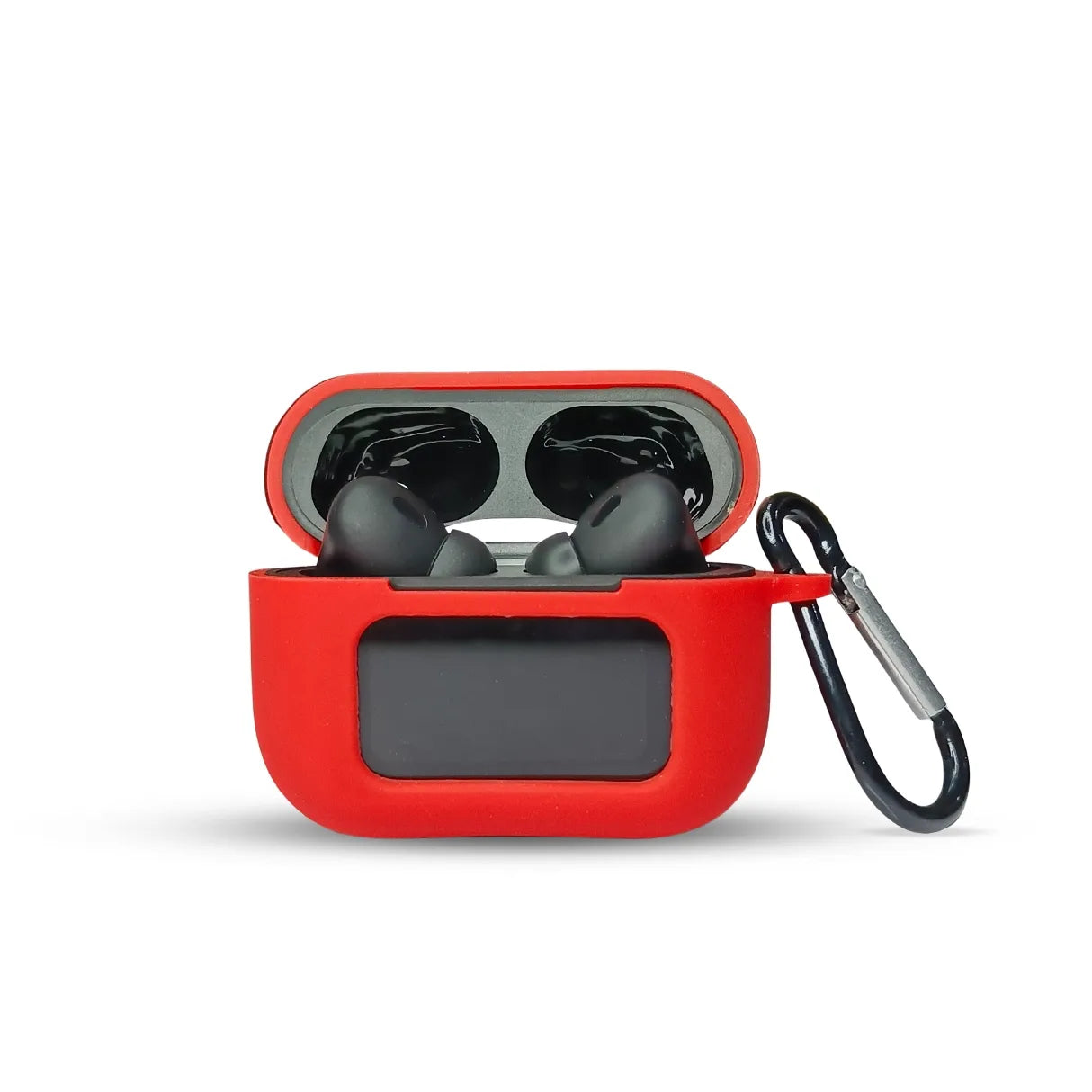 Red A9 Pro AirPods Silicone Case with charging case open and AirPods inside, featuring a clear display window, attached carabiner, and smooth silicone finish.