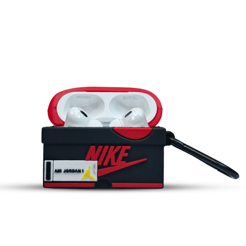 Nike AirPods case with red and black design on a white background