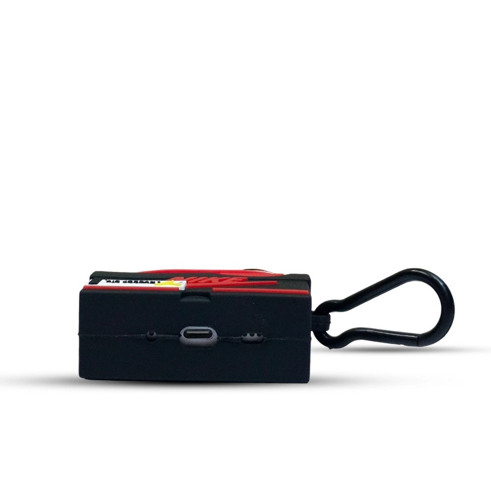 Black and red portable sneaker case  with a carabiner on a white background