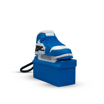 Blue and white sneaker case on a blue stand with a white background