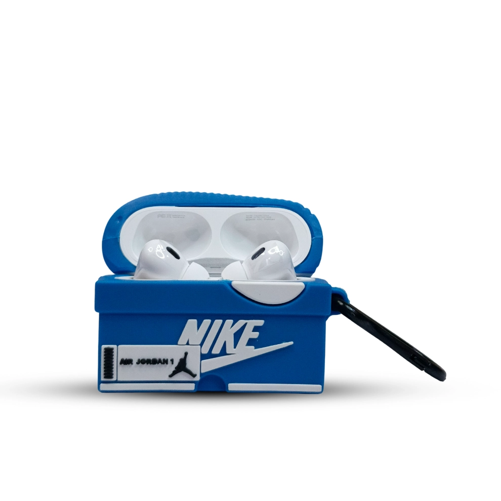 Blue Nike case with white AirPods pro 2 on a white background