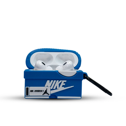 Blue Nike case with white AirPods pro 2 on a white background