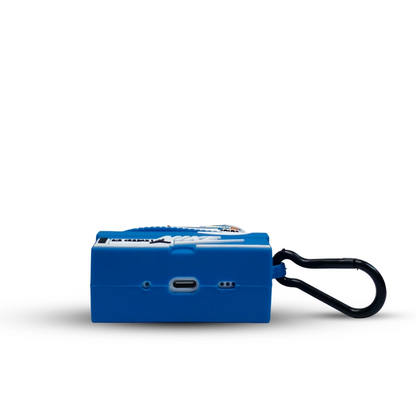 Blue pro 2 sneaker case  with a carabiner and charging port on a white background