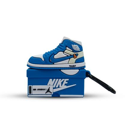 Blue and white sneaker case on a matching Nike box with a white background