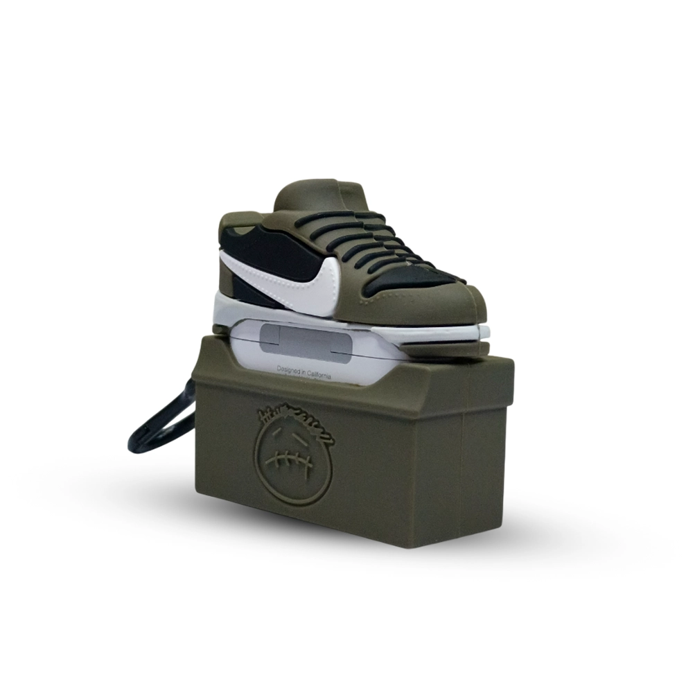 Green sneaker case on a matching green platform with a brand logo on a white background
