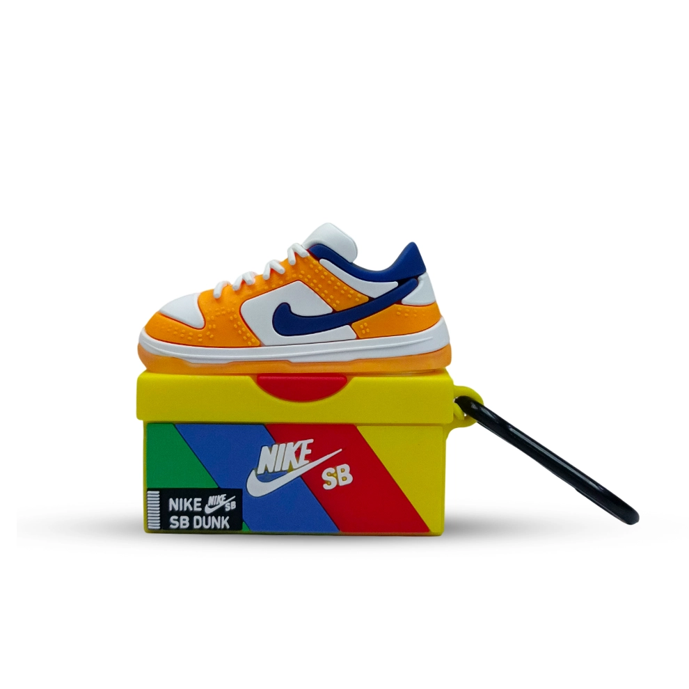 Orange and blue sneaker case for airpods pro 2 on a colorful Nike SB box with a white background