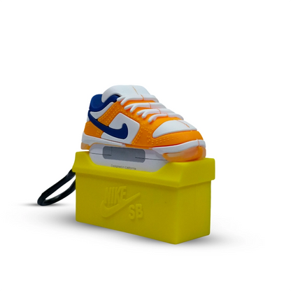 Orange and blue sneaker case with a yellow box on a white background