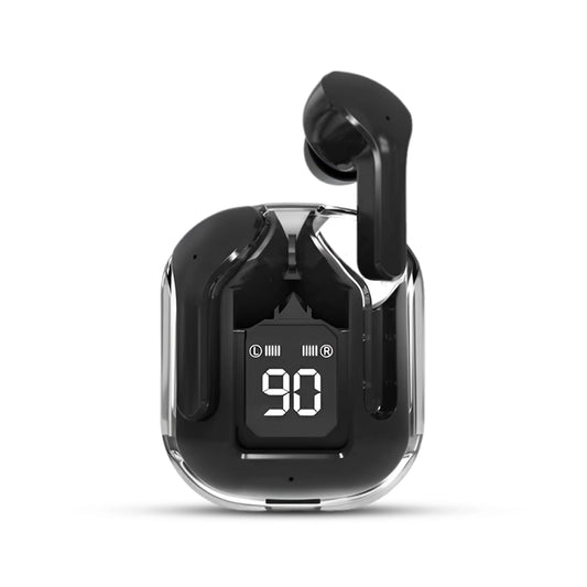 Air 31 Black wireless earbuds with a digital display on a white background