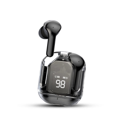 Air 31 Black wireless earbuds with a digital display on a white background