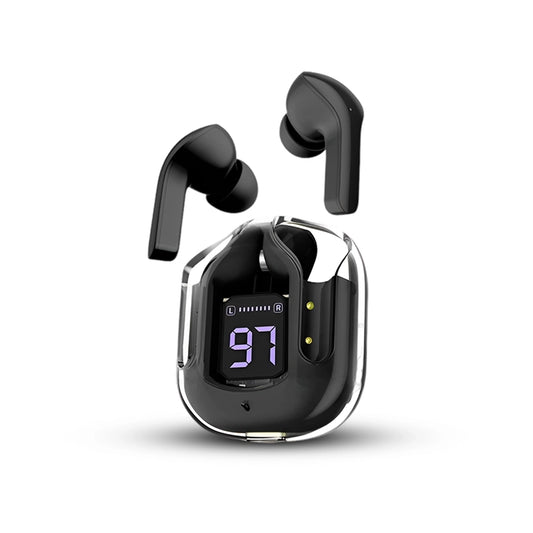 Air 31 Black wireless earbuds with Transparent  case  LED display on a white background