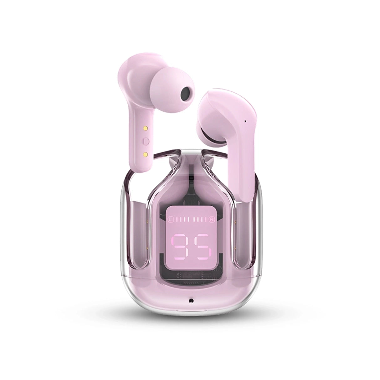 Air 31 Pink wireless earbuds with a transparent case on a white background