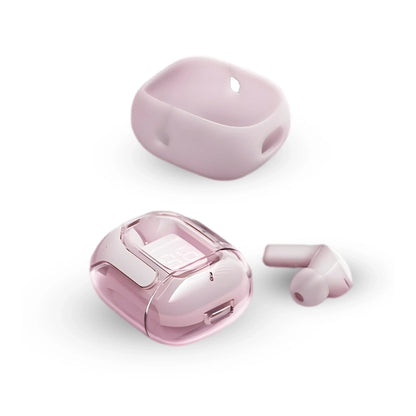 Air 31 Pink wireless earbuds with case and silicone cover on a white background