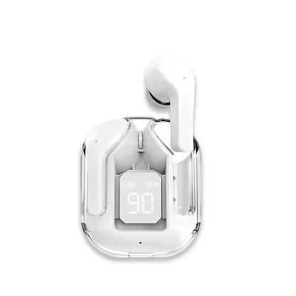 Air 31 Wireless earbuds in a transparent charging case on a white background
