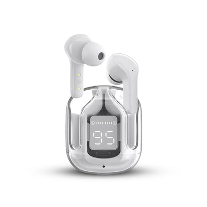 Air 31 White wireless earbuds with clear case on a white background