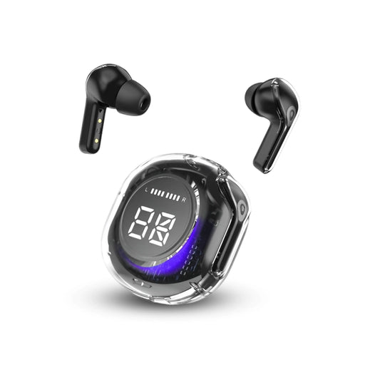 Air 39 Black wireless earbuds with charging LCD display on a white background