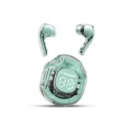 Mint green wireless earbuds with charging case on a white background