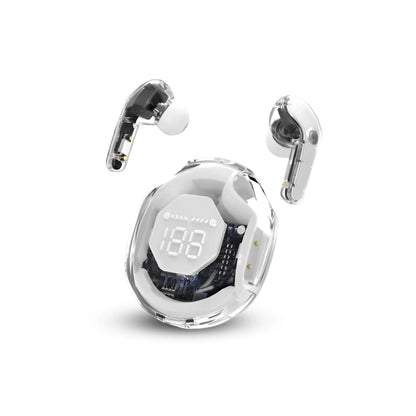 White Wireless earbuds with a digital display on a white background