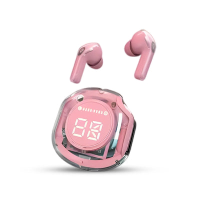 Air 39 Pink wireless earbuds with charging LCD display on a white background