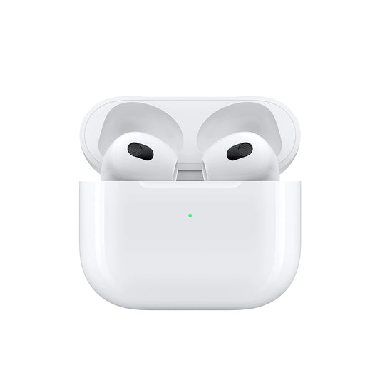 White Airpods 3 in charging case on a white background