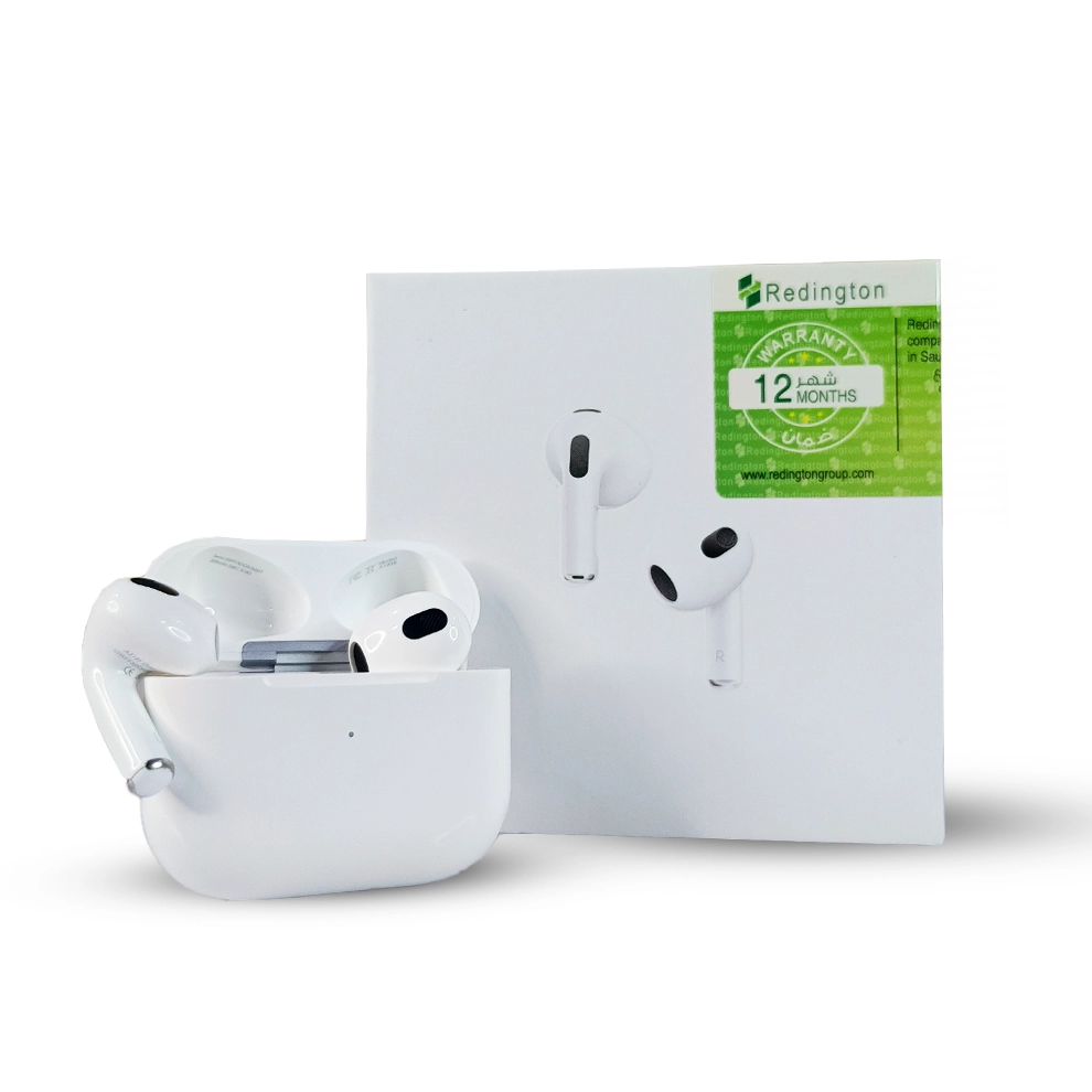 White wireless airpods 3 with charging case and Redington branded box on a white background