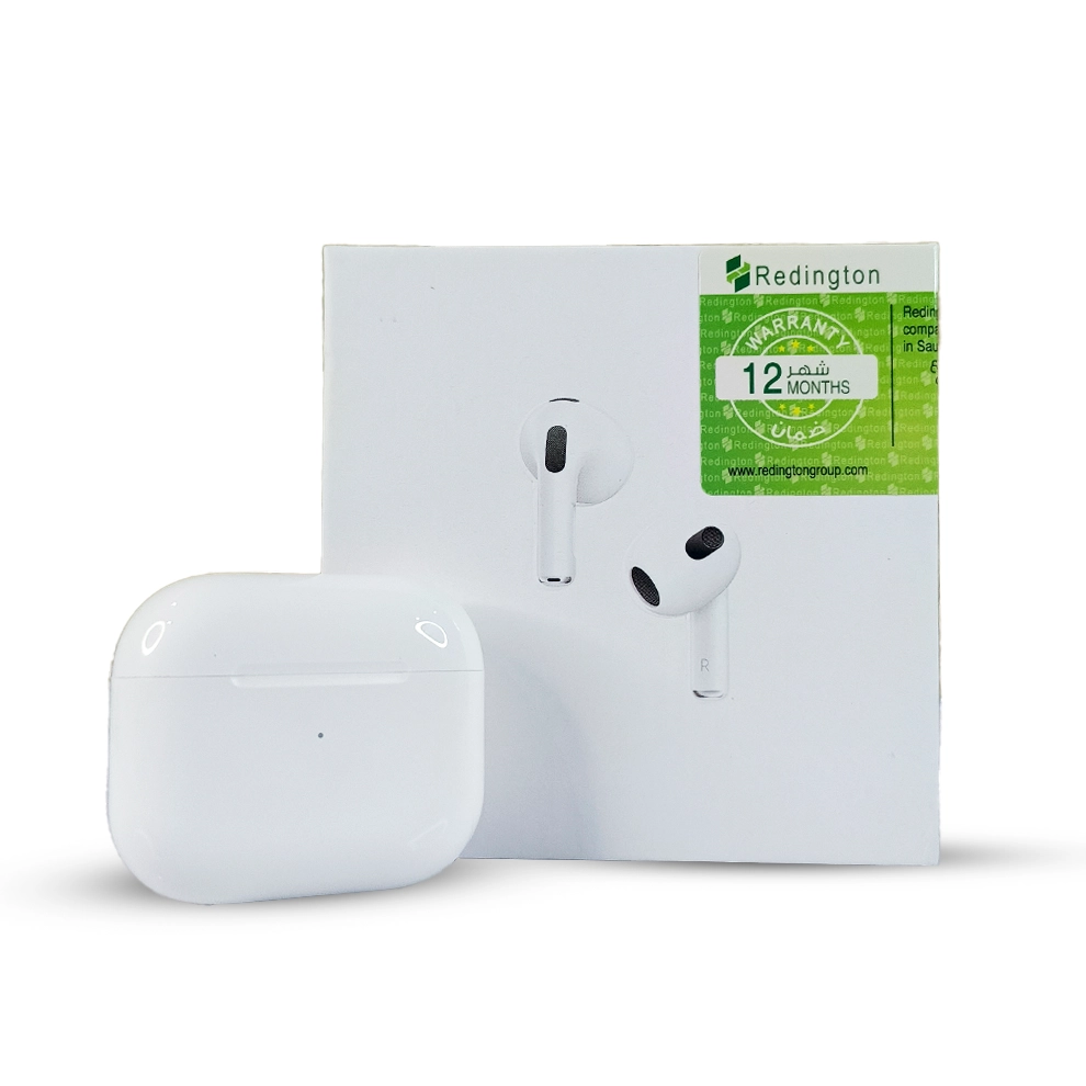 White wireless airpods 3 with charging case and Redington packaging on a white background