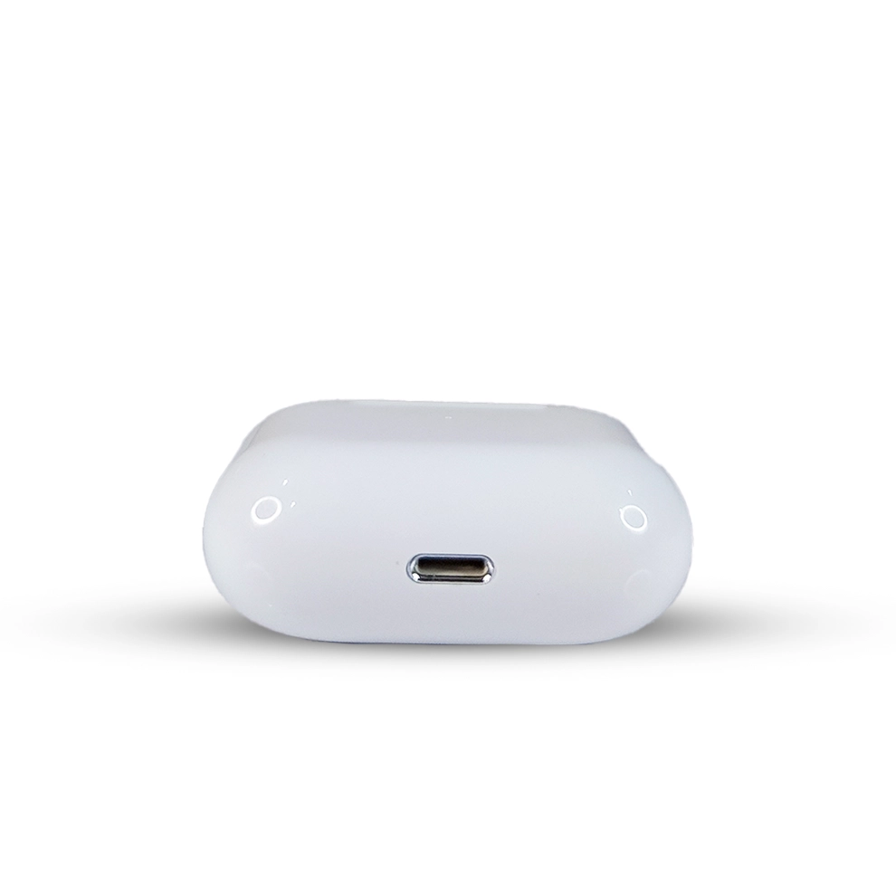 White wireless earbuds case with USB-C port on a white background