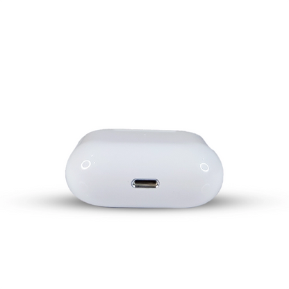 White wireless earbuds case with USB-C port on a white background