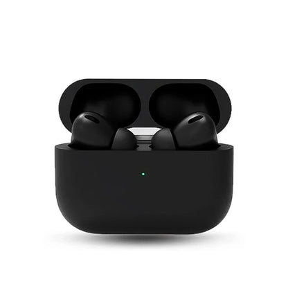 Black airpods pro 2 in a charging case with buzzer light on a white background