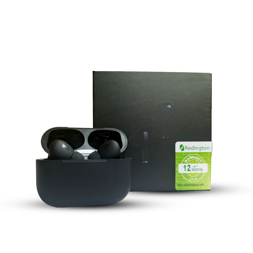 Black airpods pro 2 with charging case and Redington packaging on a white background