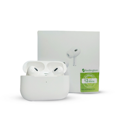 White airpods pro 2 with charging case and Redington packaging on a white background