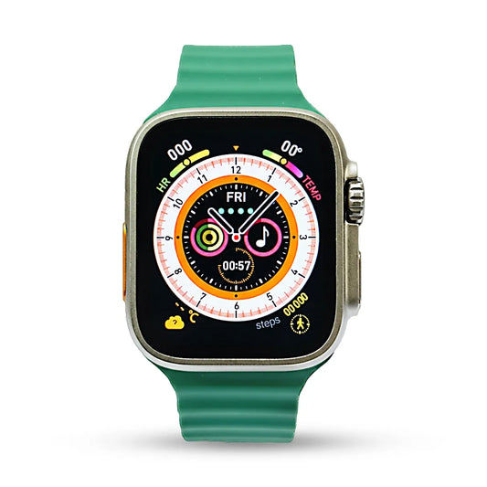 BW8 Smartwatch with a green band on a white background