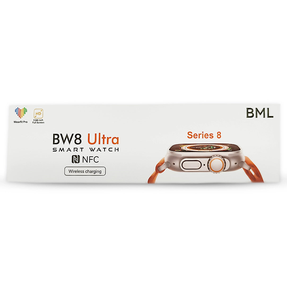 Box of BW8 Ultra smart watch with BML branding on a white background