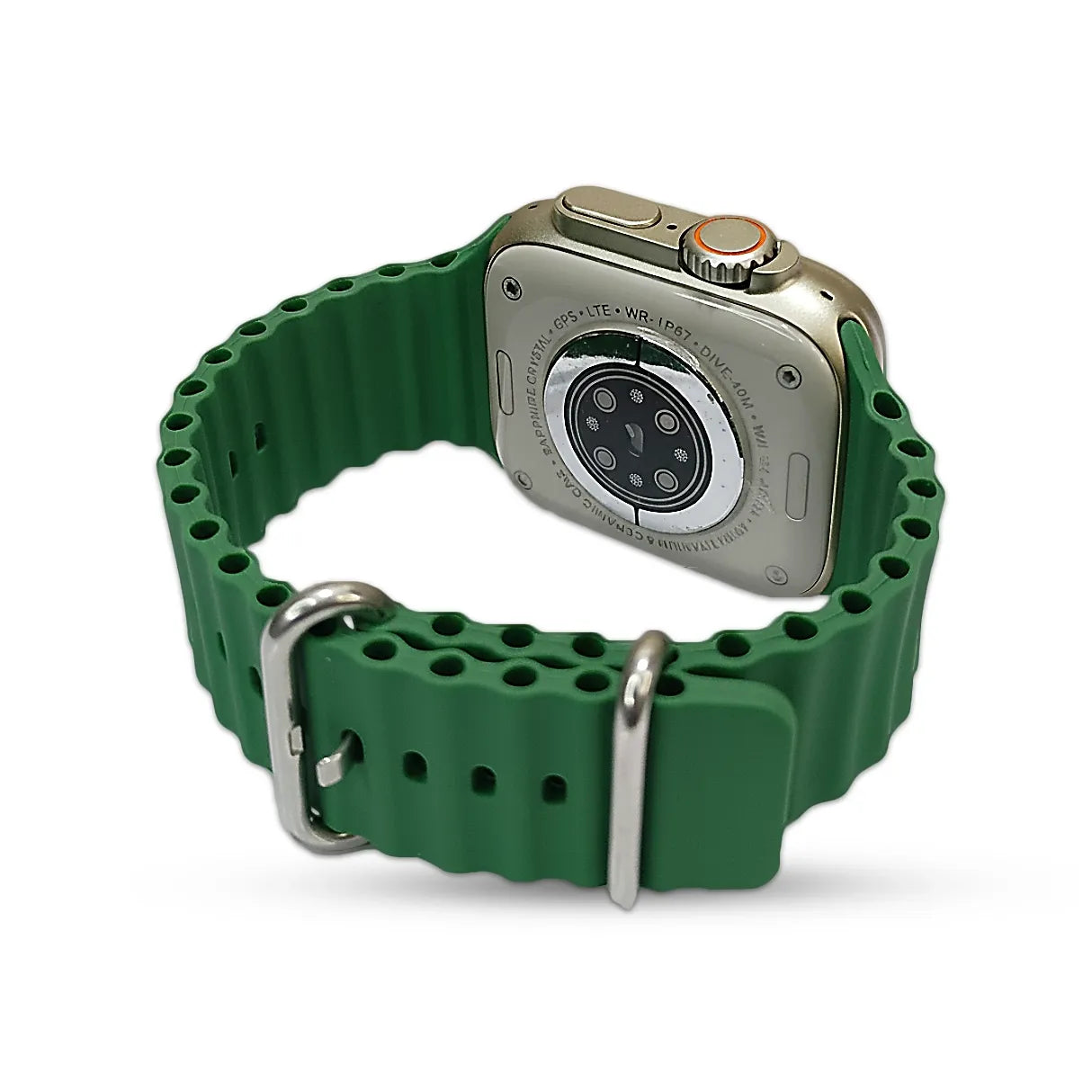 Smartwatch with a green band on a white background