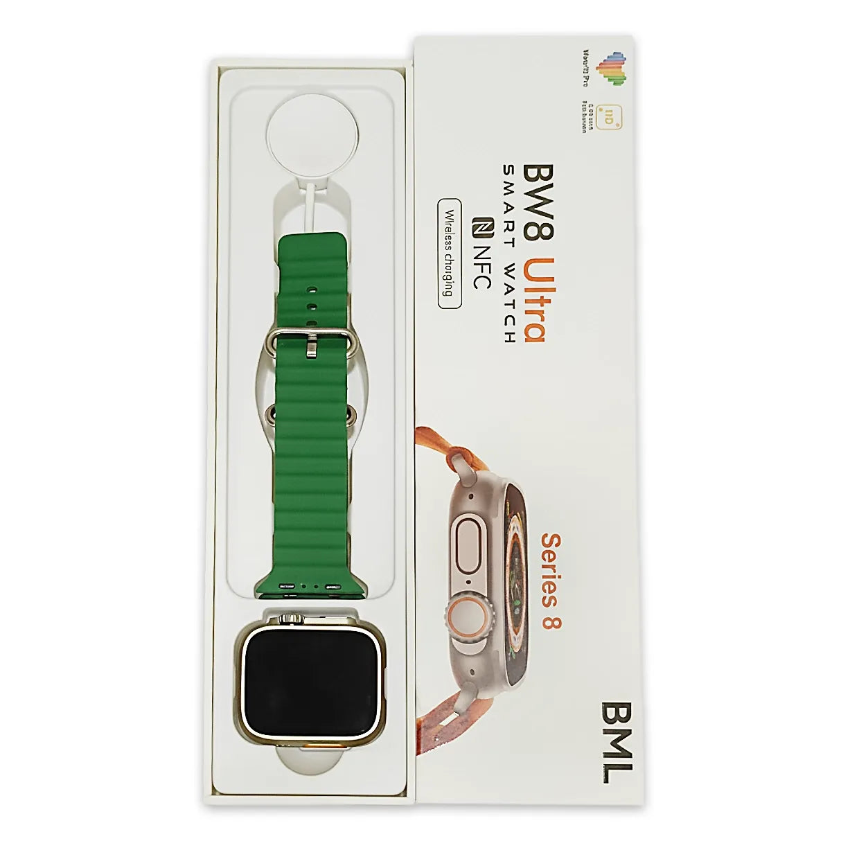 BW8 Smart watch with green band in packaging on a white background