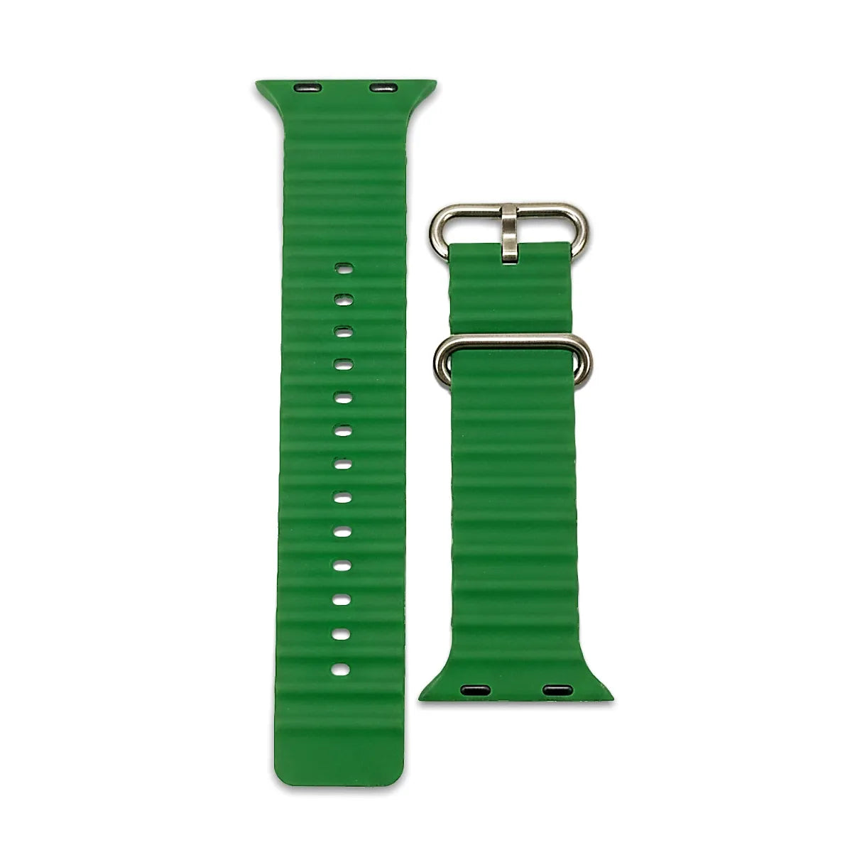 Green watch strap with silver metal clasp on a white background