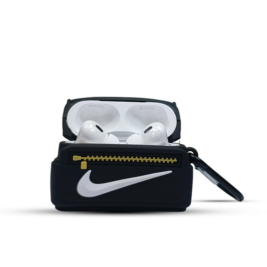 Black Nike case with white AirPods pro 2 on a white background