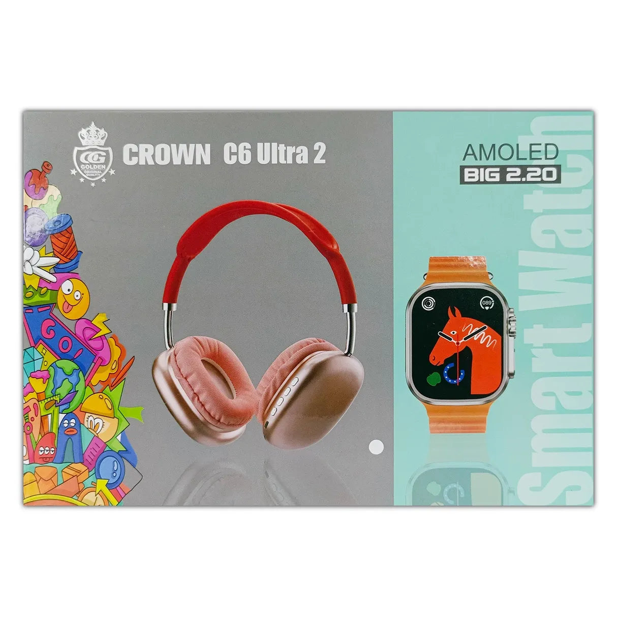 Crown C6 Ultra 2 headphones with colorful packaging and smartwatch illustration.