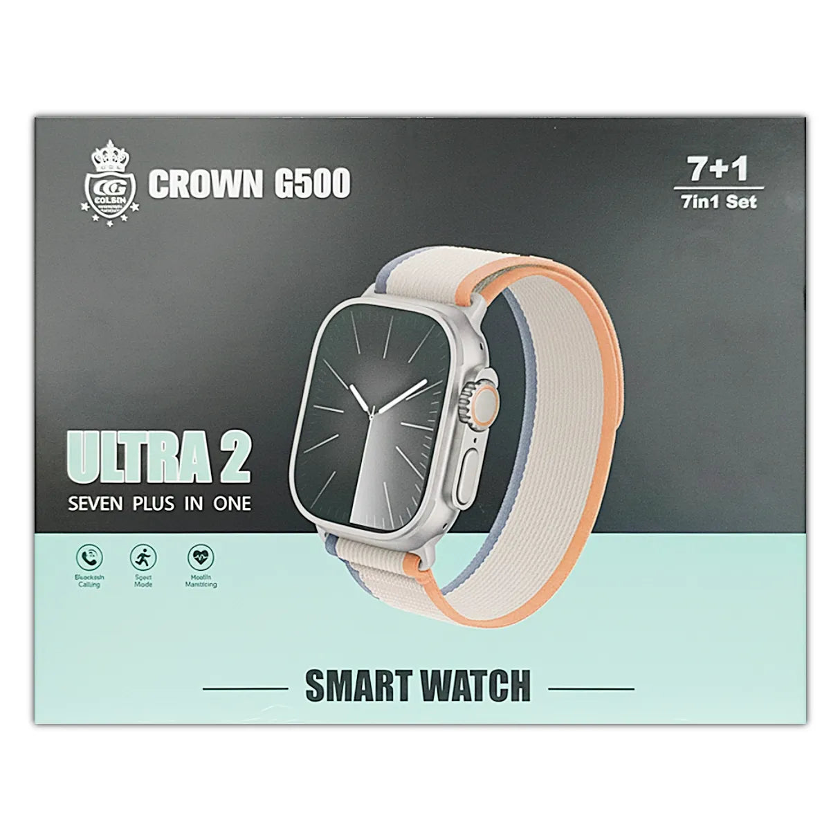 Crown G500 Smart watch packaging with brand logo and product details on a gray and light blue background 