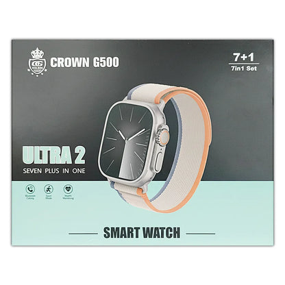 Crown G500 Smart watch packaging with brand logo and product details on a gray and light blue background 
