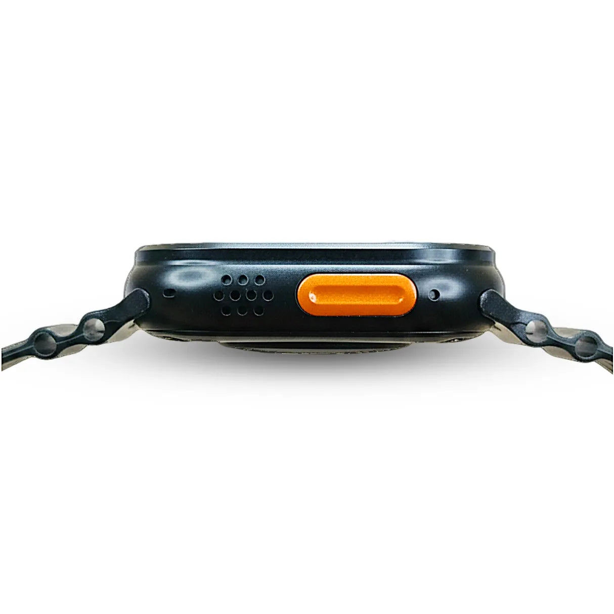 G500 close-up of a black electronic device with an orange button on a white background