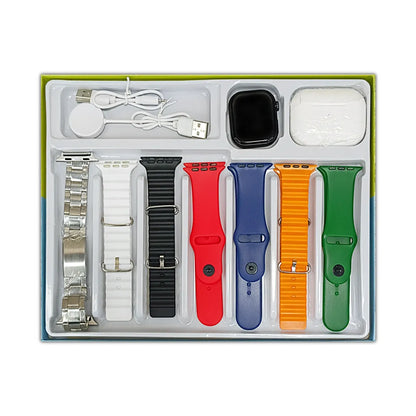 Set of colorful watch bands earbuds and accessories in a box on a white background