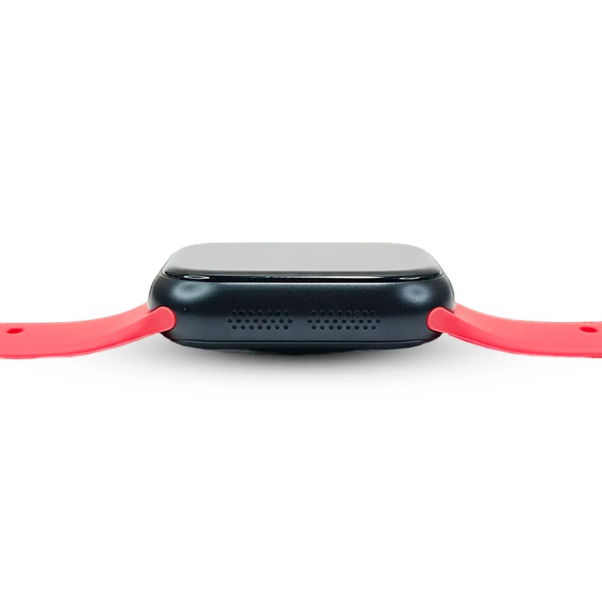 Black fitness tracker with a red band on a white background