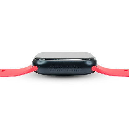 Black fitness tracker with a red band on a white background